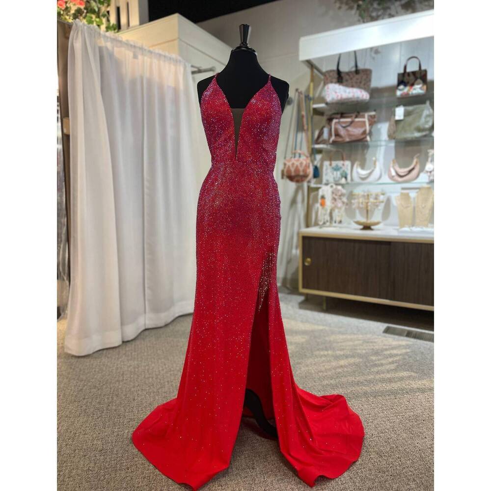NEW VIENNA PROM deep v-mesh strappy long gown in red